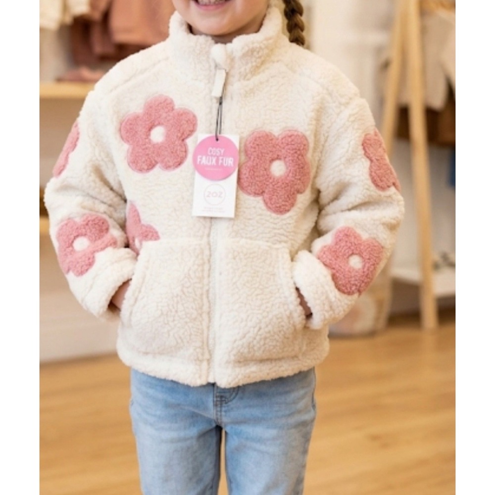 Cozy Faux Fur Girls Fuzzy Fleece Cute Floral Jacket Zip Up Winter Faux Fur Sz 5